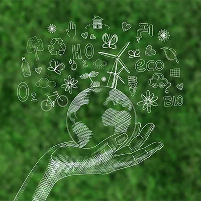 Disegno di una mano che regge un mondo sostenibile