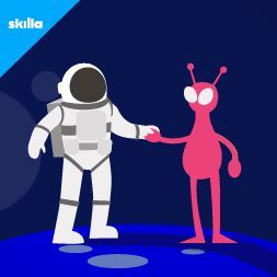 Astronauta e alieno che si tengono la mano