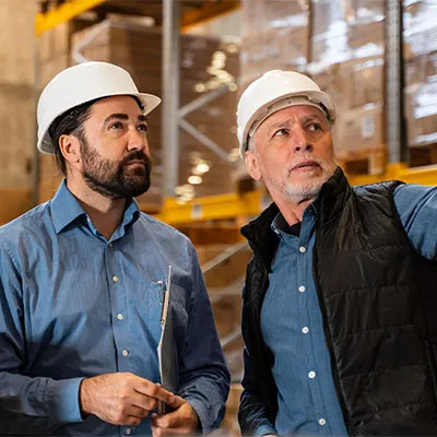 Due addetti al magazzino con caschetto bianco