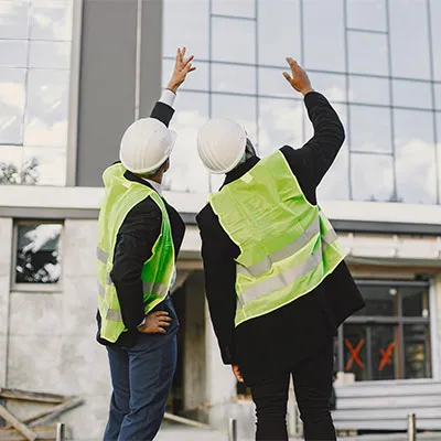 Due operai settori edilizia che guardano un edificio