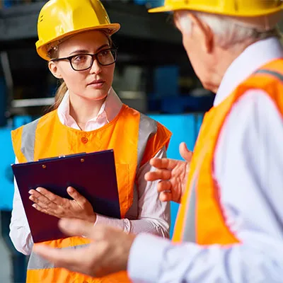 Operai con gilet arancione e caschetto