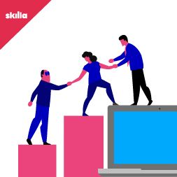 Tre persone che si arrampicano su un grafico a barre