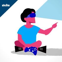 Bambino seduto con visore occhi