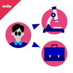 Tre riquadri con all'interno un volto maschile, una valigetta e un telescopio