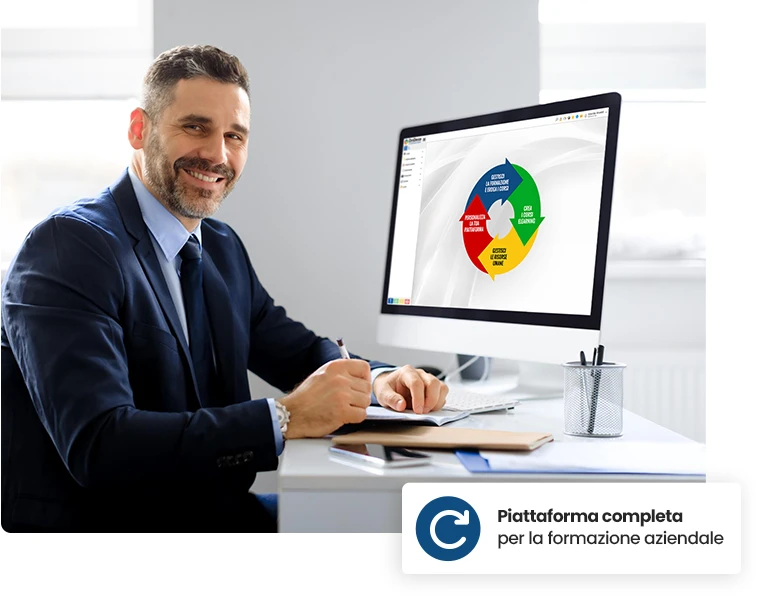 Uomo alla scrivania con computer di fronte e il pannello di controllo della piattaforma DynDevice LMS aperta