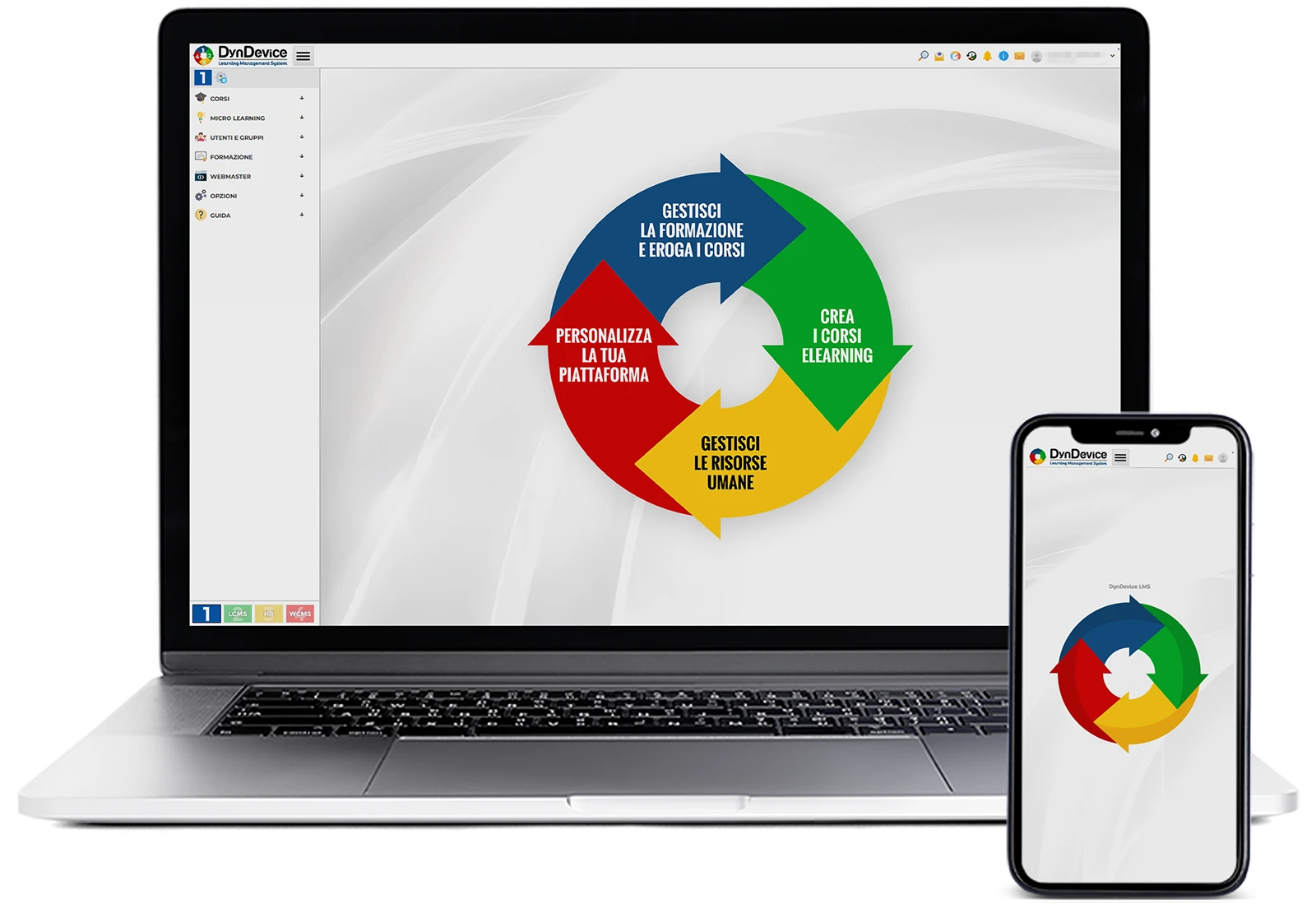 Mockup di smartphone e computer con interfaccia pannello di controllo piattaforma DynDevice LMS