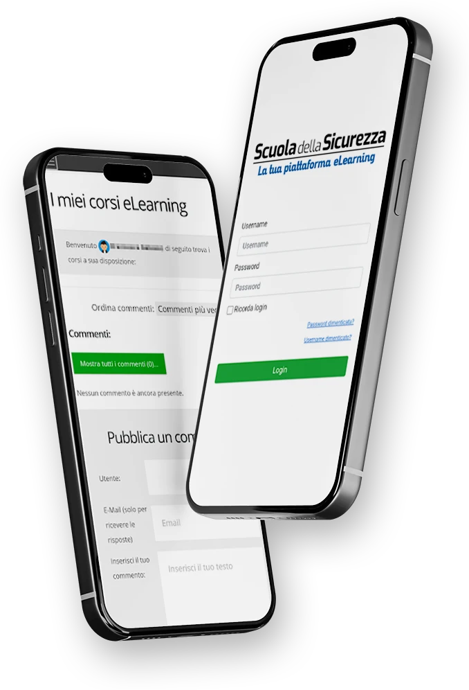 Mockup di due smartphone con interfaccia app Scuola della Sicurezza