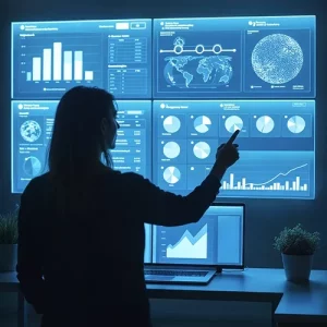 Donna in penombra che indica un grafico data science