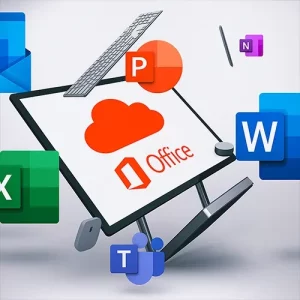 Computer con loghi dei programmi suite Microsoft Office che fuoriescono