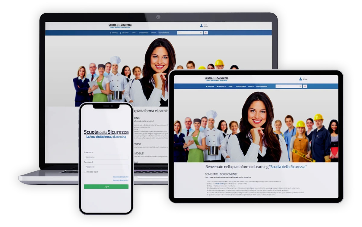 Mockup di computer, smatphone e tablet con interfaccia app Scuola della Sicurezza