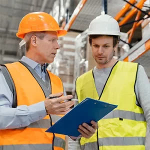 Preposto per la sicurezza che parla con un dipendente in magazzino