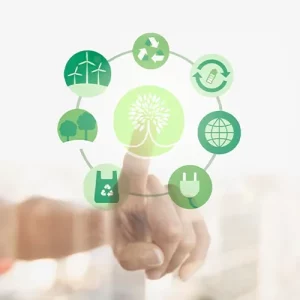 dito che indica un'icona con un albero al centro di un cerchio con sette icone verdi che rappresentano la sostenibilità