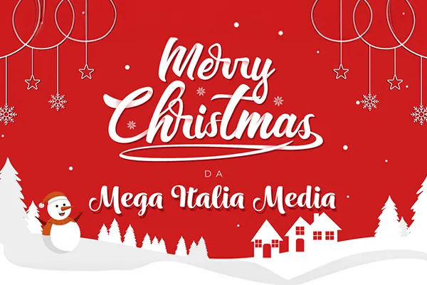 Immagine con grafica natalizia, un paesaggio innevato e la scritta Merry Christmas da Mega Italia Media