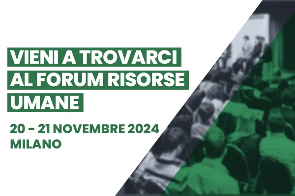 Immagine con fotografia di un convegno e cta vieni a trovarci al forum risorse umane a novembre 2024