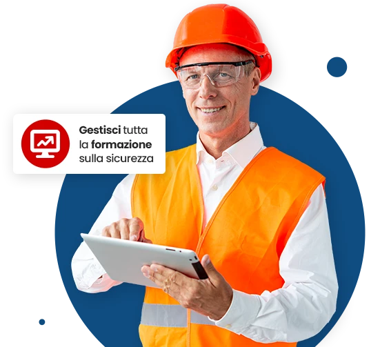 lavoratore sorridente con indosso un casco della sicurezza, un gilet arancione e con in mano un tablet