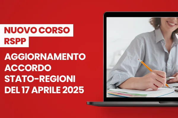 Immagine con sfondo rosso e computer con novità corso aggiornamento Accordo Stato-Regioni 2025