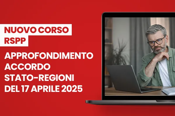 Immagine con sfondo rosso e computer con novità corso approfondimento Accordo Stato-Regioni 2025