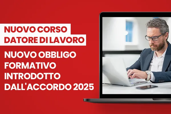 Immagine con sfondo rosso e computer con novità corso datore di lavoro nuovo obbligo formativo Accordo Stato-Regioni