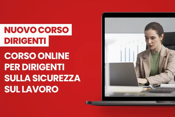 Immagine con sfondo rosso e computer con novità corso dirigenti sulla sicurezza sul lavoro