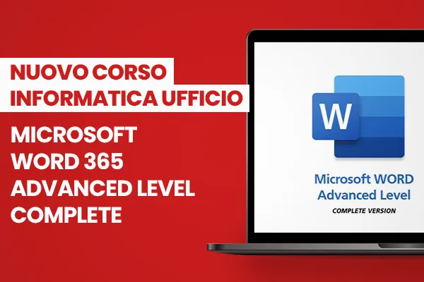Immagine con sfondo rosso e computer con novità corso informatica ufficio microsoft word